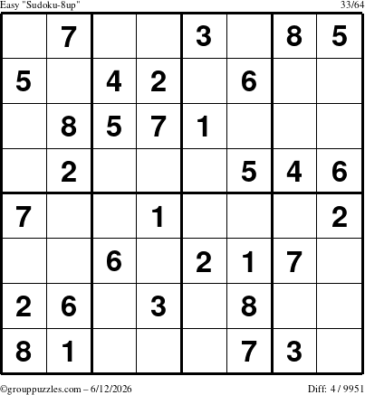 The grouppuzzles.com Easy Sudoku-8up puzzle for Friday June 12, 2026
