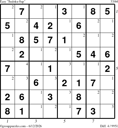 The grouppuzzles.com Easy Sudoku-8up puzzle for Friday June 12, 2026, suitable for printing, with all 4 steps marked