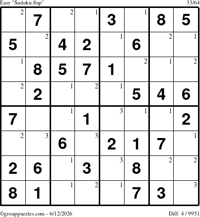 The grouppuzzles.com Easy Sudoku-8up puzzle for Friday June 12, 2026 with the first 3 steps marked