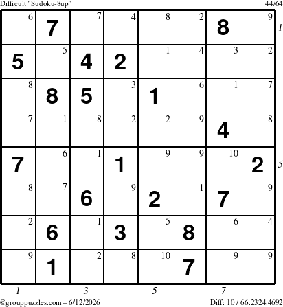 The grouppuzzles.com Difficult Sudoku-8up puzzle for Friday June 12, 2026, suitable for printing, with all 10 steps marked
