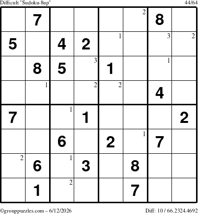 The grouppuzzles.com Difficult Sudoku-8up puzzle for Friday June 12, 2026 with the first 3 steps marked