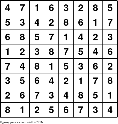 The grouppuzzles.com Answer grid for the Sudoku-8up puzzle for Friday June 12, 2026