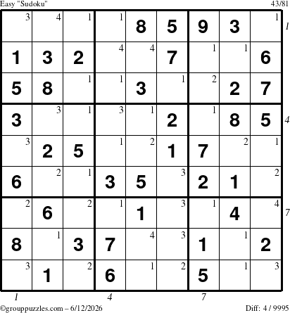 The grouppuzzles.com Easy Sudoku puzzle for Friday June 12, 2026, suitable for printing, with all 4 steps marked