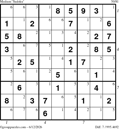 The grouppuzzles.com Medium Sudoku puzzle for Friday June 12, 2026, suitable for printing, with all 7 steps marked