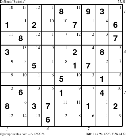 The grouppuzzles.com Difficult Sudoku puzzle for Friday June 12, 2026, suitable for printing, with all 14 steps marked