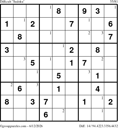 The grouppuzzles.com Difficult Sudoku puzzle for Friday June 12, 2026 with the first 3 steps marked