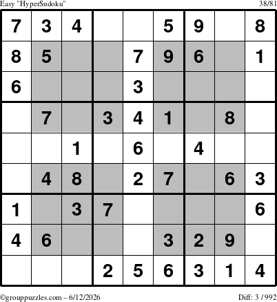 The grouppuzzles.com Easy HyperSudoku puzzle for Friday June 12, 2026
