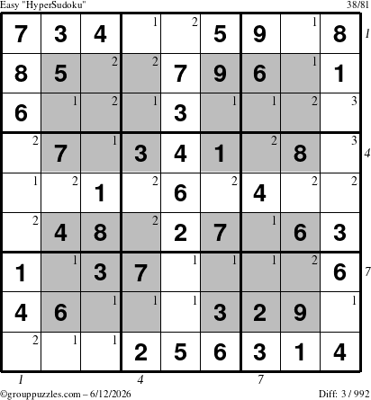 The grouppuzzles.com Easy HyperSudoku puzzle for Friday June 12, 2026, suitable for printing, with all 3 steps marked