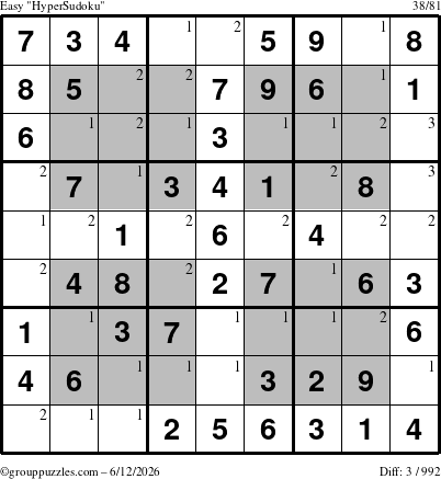 The grouppuzzles.com Easy HyperSudoku puzzle for Friday June 12, 2026 with the first 3 steps marked