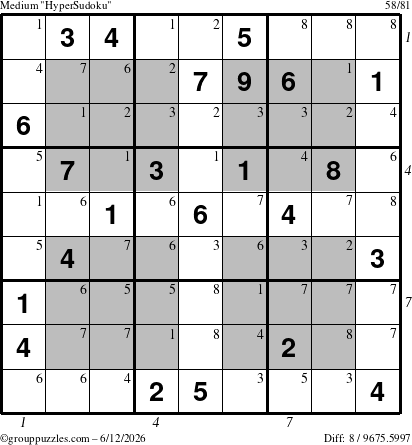 The grouppuzzles.com Medium HyperSudoku puzzle for Friday June 12, 2026, suitable for printing, with all 8 steps marked