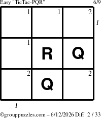 The grouppuzzles.com Easy TicTac-PQR puzzle for Friday June 12, 2026, suitable for printing, with all 2 steps marked
