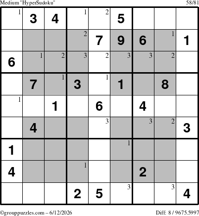 The grouppuzzles.com Medium HyperSudoku puzzle for Friday June 12, 2026 with the first 3 steps marked