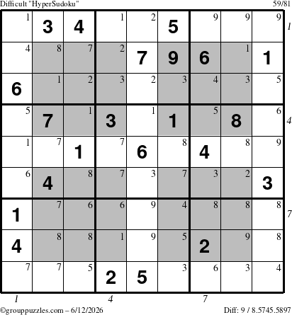 The grouppuzzles.com Difficult HyperSudoku puzzle for Friday June 12, 2026 with all 9 steps marked
