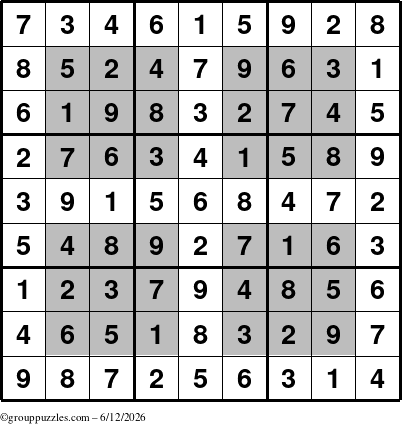 The grouppuzzles.com Answer grid for the HyperSudoku puzzle for Friday June 12, 2026