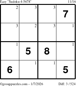 The grouppuzzles.com Easy Sudoku-4-5678 puzzle for Wednesday January 7, 2026 with the first 3 steps marked