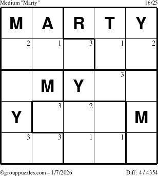 The grouppuzzles.com Medium Marty puzzle for Wednesday January 7, 2026 with the first 3 steps marked