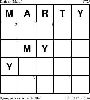 The grouppuzzles.com Difficult Marty puzzle for Wednesday January 7, 2026 with the first 3 steps marked