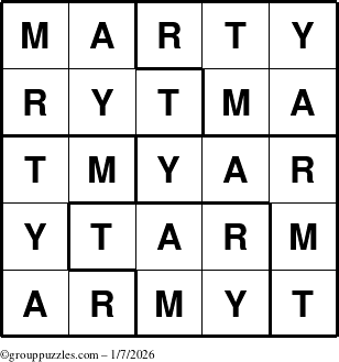 The grouppuzzles.com Answer grid for the Marty puzzle for Wednesday January 7, 2026