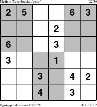 The grouppuzzles.com Medium SuperSudoku-Junior puzzle for Wednesday January 7, 2026