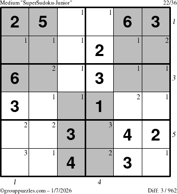 The grouppuzzles.com Medium SuperSudoku-Junior puzzle for Wednesday January 7, 2026, suitable for printing, with all 3 steps marked