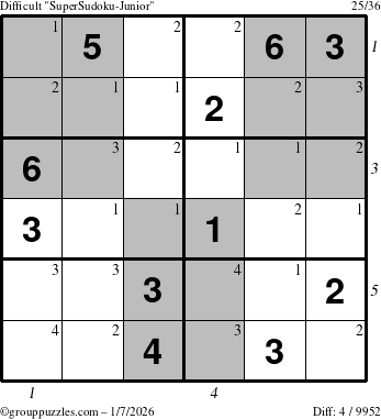 The grouppuzzles.com Difficult SuperSudoku-Junior puzzle for Wednesday January 7, 2026 with all 4 steps marked