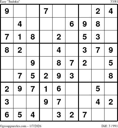 The grouppuzzles.com Easy Sudoku puzzle for Wednesday January 7, 2026