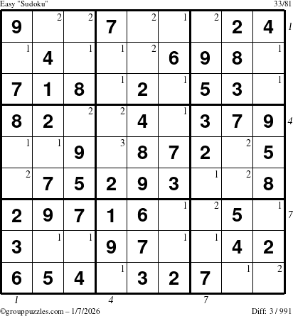 The grouppuzzles.com Easy Sudoku puzzle for Wednesday January 7, 2026, suitable for printing, with all 3 steps marked