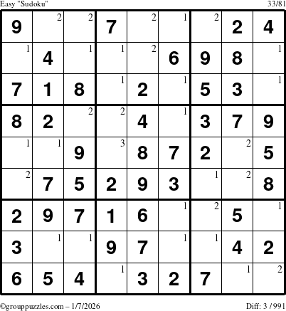 The grouppuzzles.com Easy Sudoku puzzle for Wednesday January 7, 2026 with the first 3 steps marked