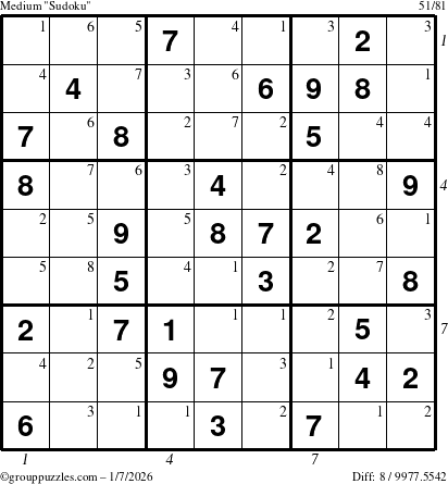 The grouppuzzles.com Medium Sudoku puzzle for Wednesday January 7, 2026, suitable for printing, with all 8 steps marked