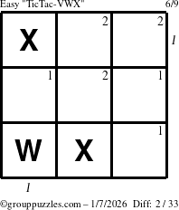 The grouppuzzles.com Easy TicTac-VWX puzzle for Wednesday January 7, 2026 with all 2 steps marked