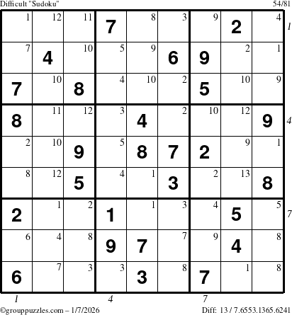 The grouppuzzles.com Difficult Sudoku puzzle for Wednesday January 7, 2026, suitable for printing, with all 13 steps marked