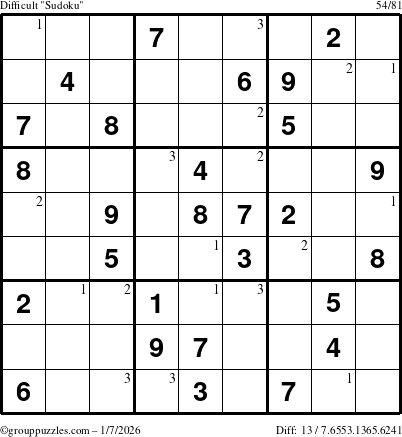 The grouppuzzles.com Difficult Sudoku puzzle for Wednesday January 7, 2026 with the first 3 steps marked