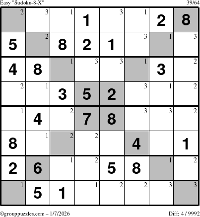 The grouppuzzles.com Easy Sudoku-8-X puzzle for Wednesday January 7, 2026 with the first 3 steps marked