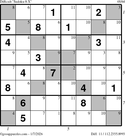 The grouppuzzles.com Difficult Sudoku-8-X puzzle for Wednesday January 7, 2026, suitable for printing, with all 11 steps marked