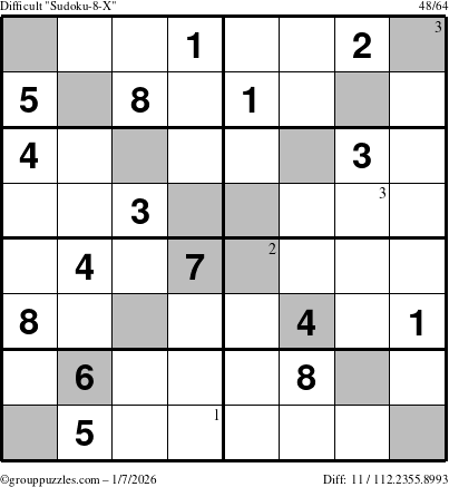 The grouppuzzles.com Difficult Sudoku-8-X puzzle for Wednesday January 7, 2026 with the first 3 steps marked