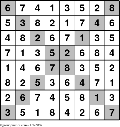 The grouppuzzles.com Answer grid for the Sudoku-8-X puzzle for Wednesday January 7, 2026