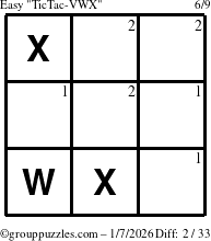 The grouppuzzles.com Easy TicTac-VWX puzzle for Wednesday January 7, 2026 with the first 2 steps marked