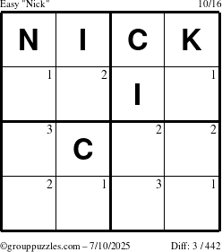 The grouppuzzles.com Easy Nick puzzle for Thursday July 10, 2025 with the first 3 steps marked