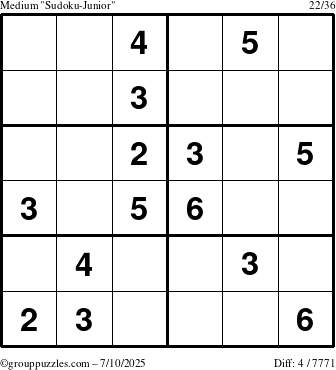The grouppuzzles.com Medium Sudoku-Junior puzzle for Thursday July 10, 2025