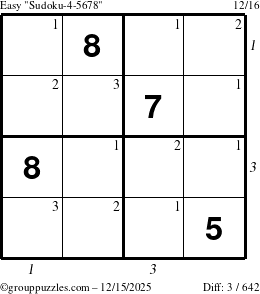 The grouppuzzles.com Easy Sudoku-4-5678 puzzle for Monday December 15, 2025, suitable for printing, with all 3 steps marked