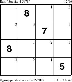 The grouppuzzles.com Easy Sudoku-4-5678 puzzle for Monday December 15, 2025 with the first 3 steps marked