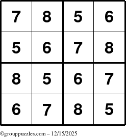The grouppuzzles.com Answer grid for the Sudoku-4-5678 puzzle for Monday December 15, 2025