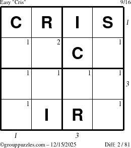 The grouppuzzles.com Easy Cris puzzle for Monday December 15, 2025, suitable for printing, with all 2 steps marked