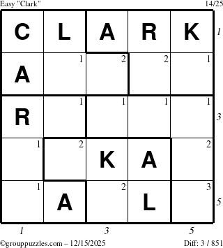 The grouppuzzles.com Easy Clark puzzle for Monday December 15, 2025 with all 3 steps marked