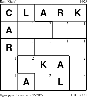 The grouppuzzles.com Easy Clark puzzle for Monday December 15, 2025 with the first 3 steps marked