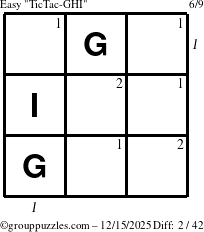 The grouppuzzles.com Easy TicTac-GHI puzzle for Monday December 15, 2025, suitable for printing, with all 2 steps marked
