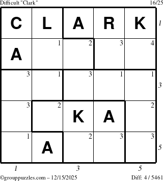 The grouppuzzles.com Difficult Clark puzzle for Monday December 15, 2025, suitable for printing, with all 4 steps marked