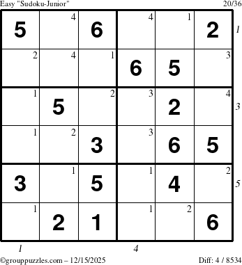 The grouppuzzles.com Easy Sudoku-Junior puzzle for Monday December 15, 2025, suitable for printing, with all 4 steps marked