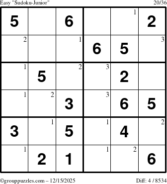 The grouppuzzles.com Easy Sudoku-Junior puzzle for Monday December 15, 2025 with the first 3 steps marked