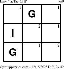 The grouppuzzles.com Easy TicTac-GHI puzzle for Monday December 15, 2025 with the first 2 steps marked